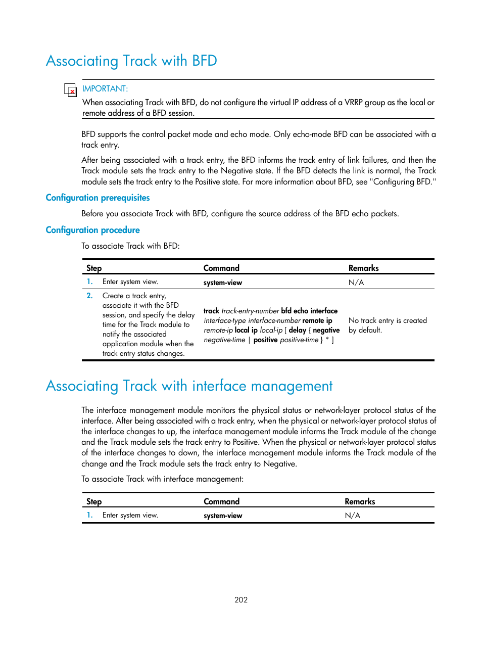 Associating track with bfd, Configuration prerequisites, Configuration procedure | Associating track with interface management | H3C Technologies H3C S12500 Series Switches User Manual | Page 213 / 241