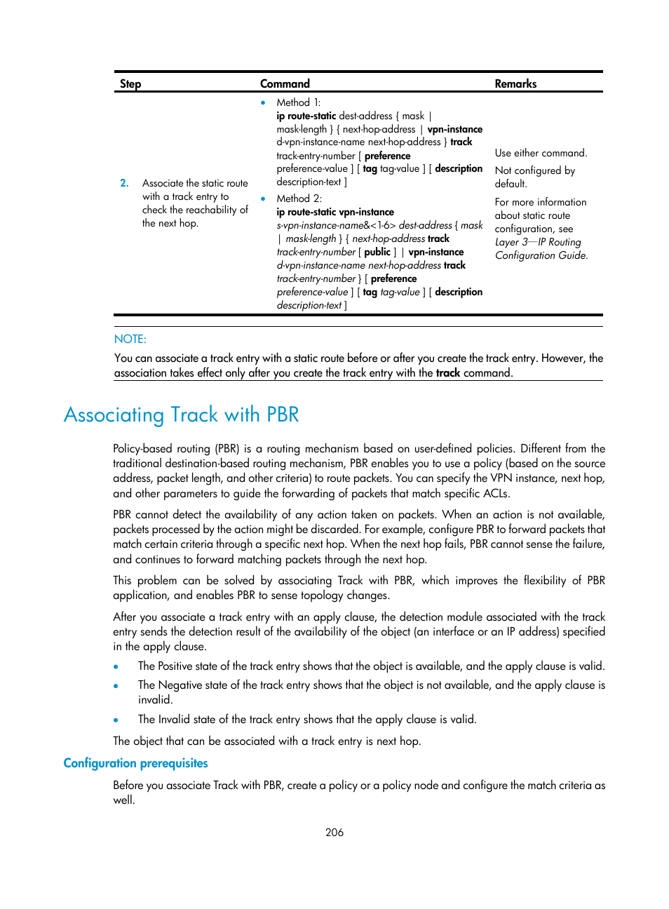 Associating track with pbr, Configuration prerequisites | H3C Technologies H3C S12500 Series Switches User Manual | Page 217 / 241