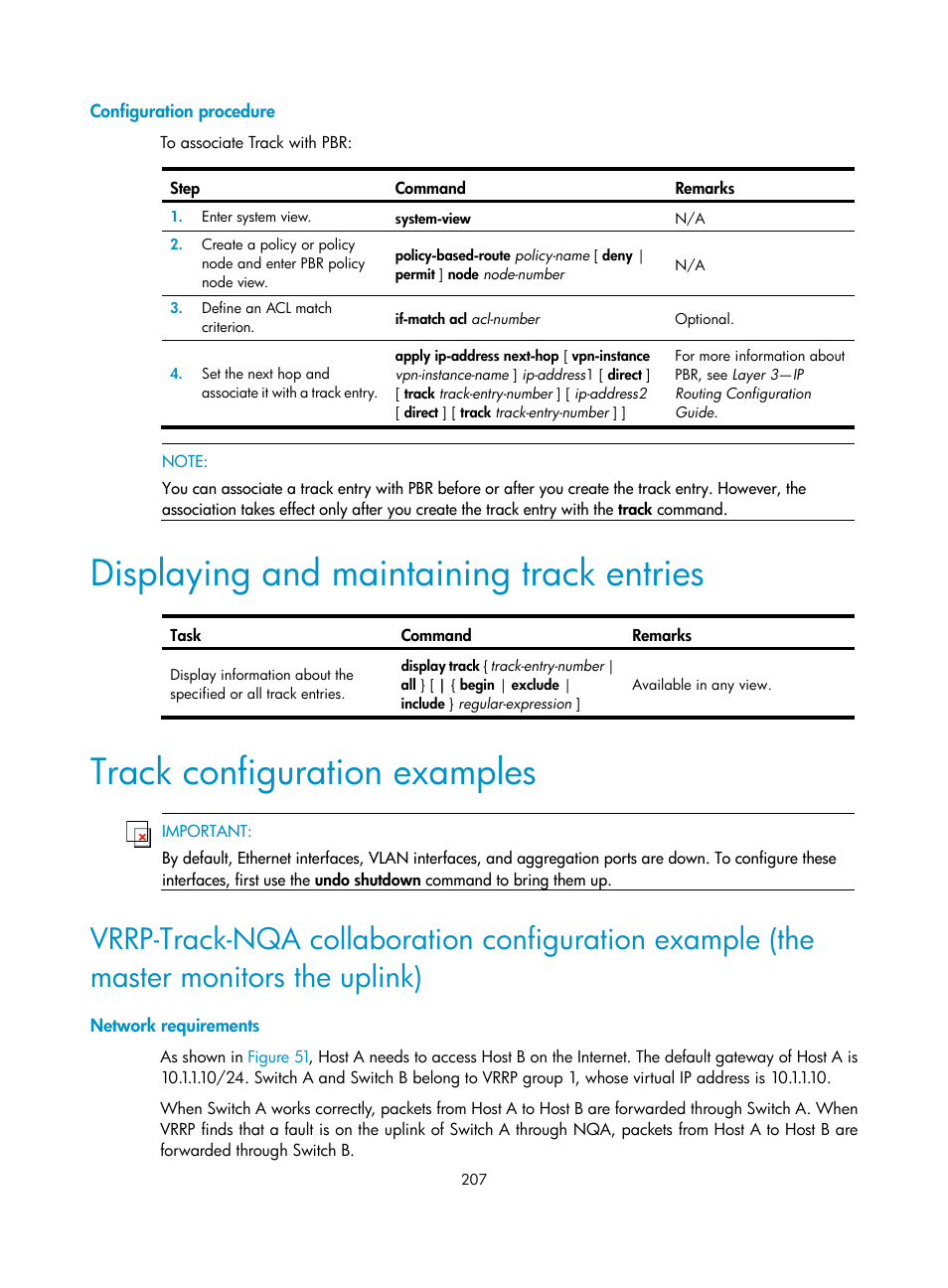 Configuration procedure, Displaying and maintaining track entries, Track configuration examples | Network requirements | H3C Technologies H3C S12500 Series Switches User Manual | Page 218 / 241