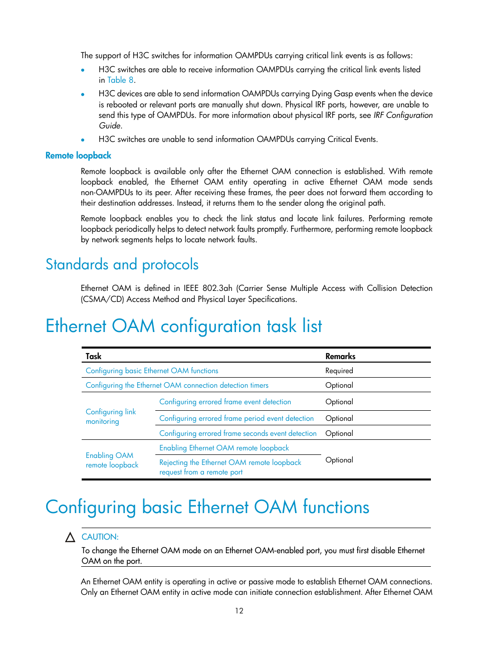 Remote loopback, Standards and protocols, Ethernet oam configuration task list | Configuring basic ethernet oam functions | H3C Technologies H3C S12500 Series Switches User Manual | Page 23 / 241