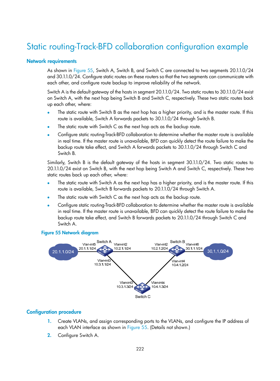 Network requirements, Configuration procedure | H3C Technologies H3C S12500 Series Switches User Manual | Page 233 / 241