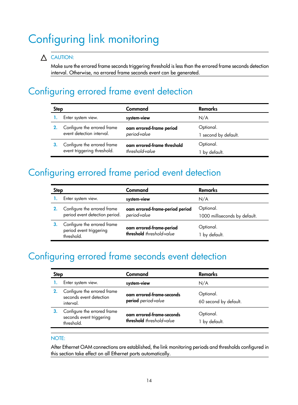 Configuring link monitoring, Configuring errored frame event detection, Configuring errored frame period event detection | Configuring errored frame seconds event detection | H3C Technologies H3C S12500 Series Switches User Manual | Page 25 / 241