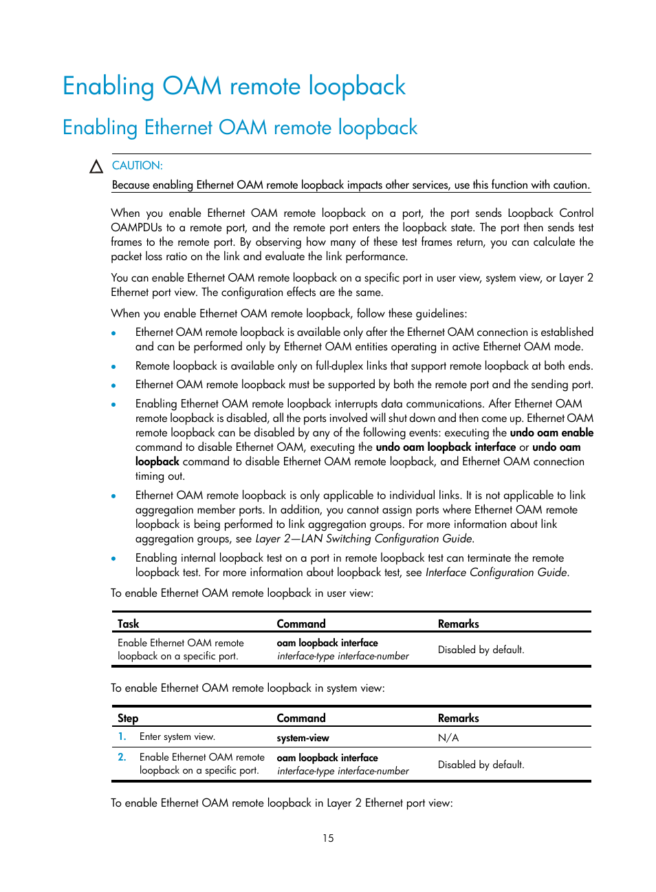 Enabling oam remote loopback, Enabling ethernet oam remote loopback | H3C Technologies H3C S12500 Series Switches User Manual | Page 26 / 241