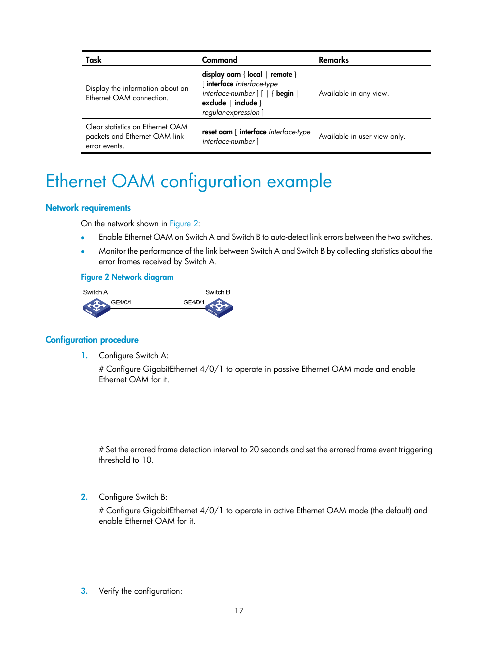 Ethernet oam configuration example, Network requirements, Configuration procedure | H3C Technologies H3C S12500 Series Switches User Manual | Page 28 / 241