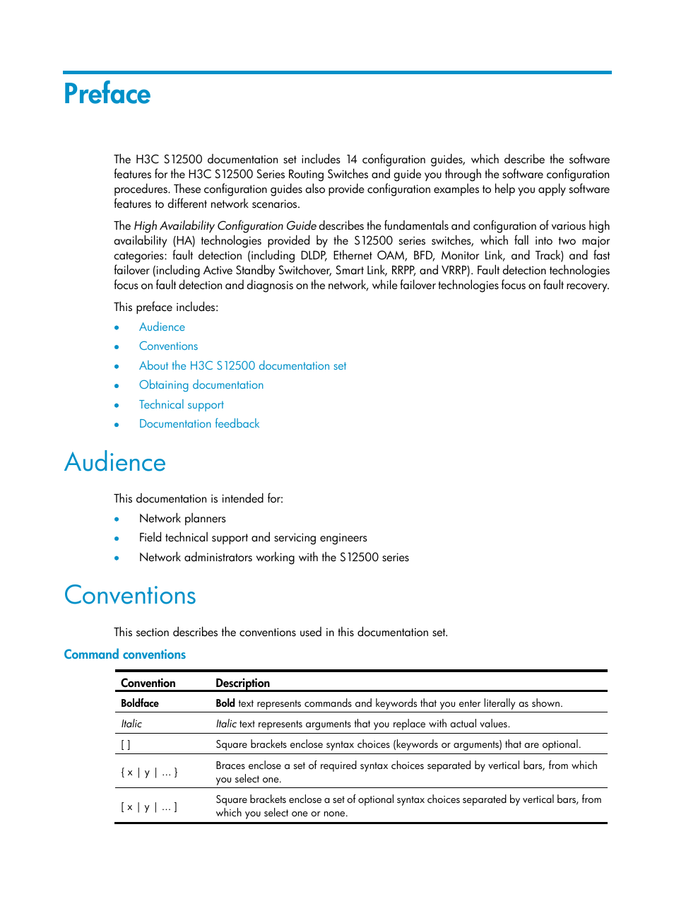 Preface, Audience, Conventions | Command conventions | H3C Technologies H3C S12500 Series Switches User Manual | Page 3 / 241