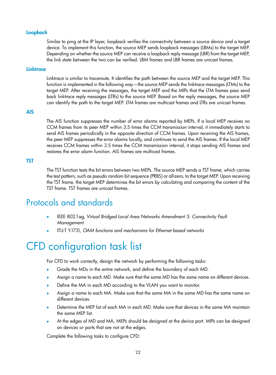 Loopback, Linktrace, Protocols and standards | Cfd configuration task list | H3C Technologies H3C S12500 Series Switches User Manual | Page 33 / 241