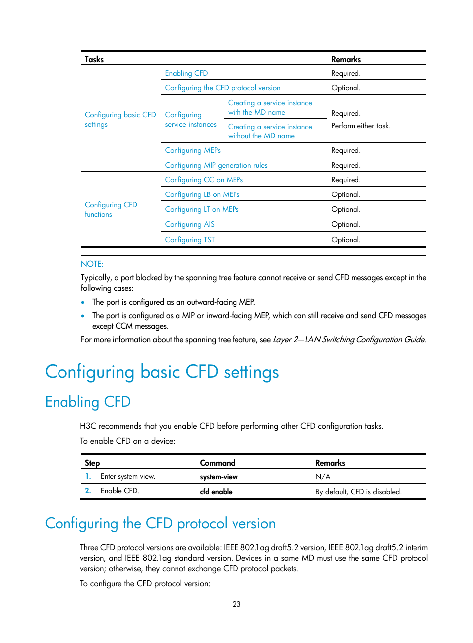 Configuring basic cfd settings, Enabling cfd, Configuring the cfd protocol version | H3C Technologies H3C S12500 Series Switches User Manual | Page 34 / 241