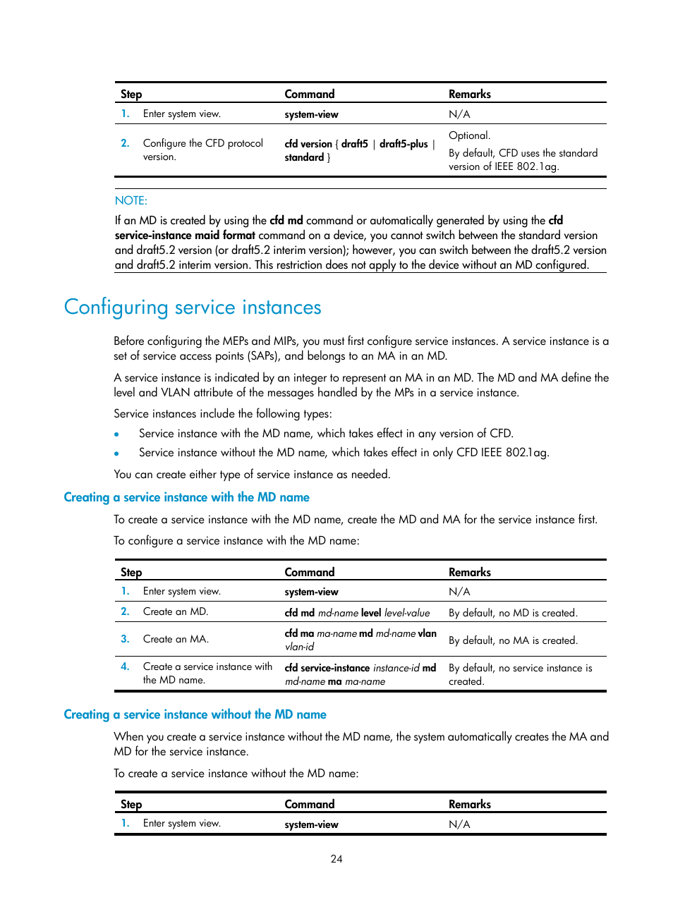 Configuring service instances, Creating a service instance with the md name, Creating a service instance without the md name | H3C Technologies H3C S12500 Series Switches User Manual | Page 35 / 241