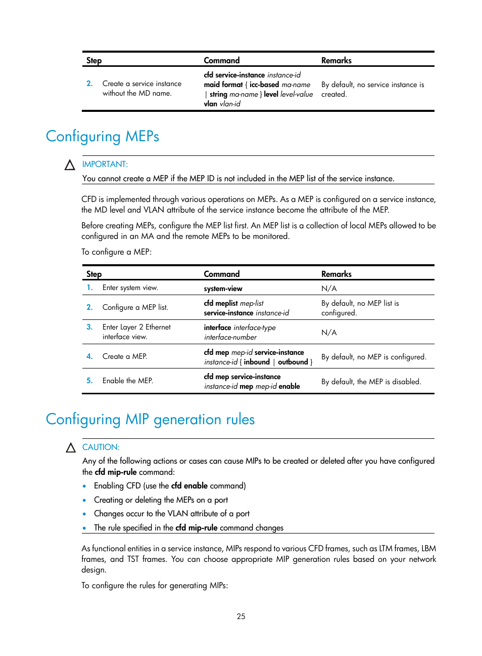 Configuring meps, Configuring mip generation rules | H3C Technologies H3C S12500 Series Switches User Manual | Page 36 / 241