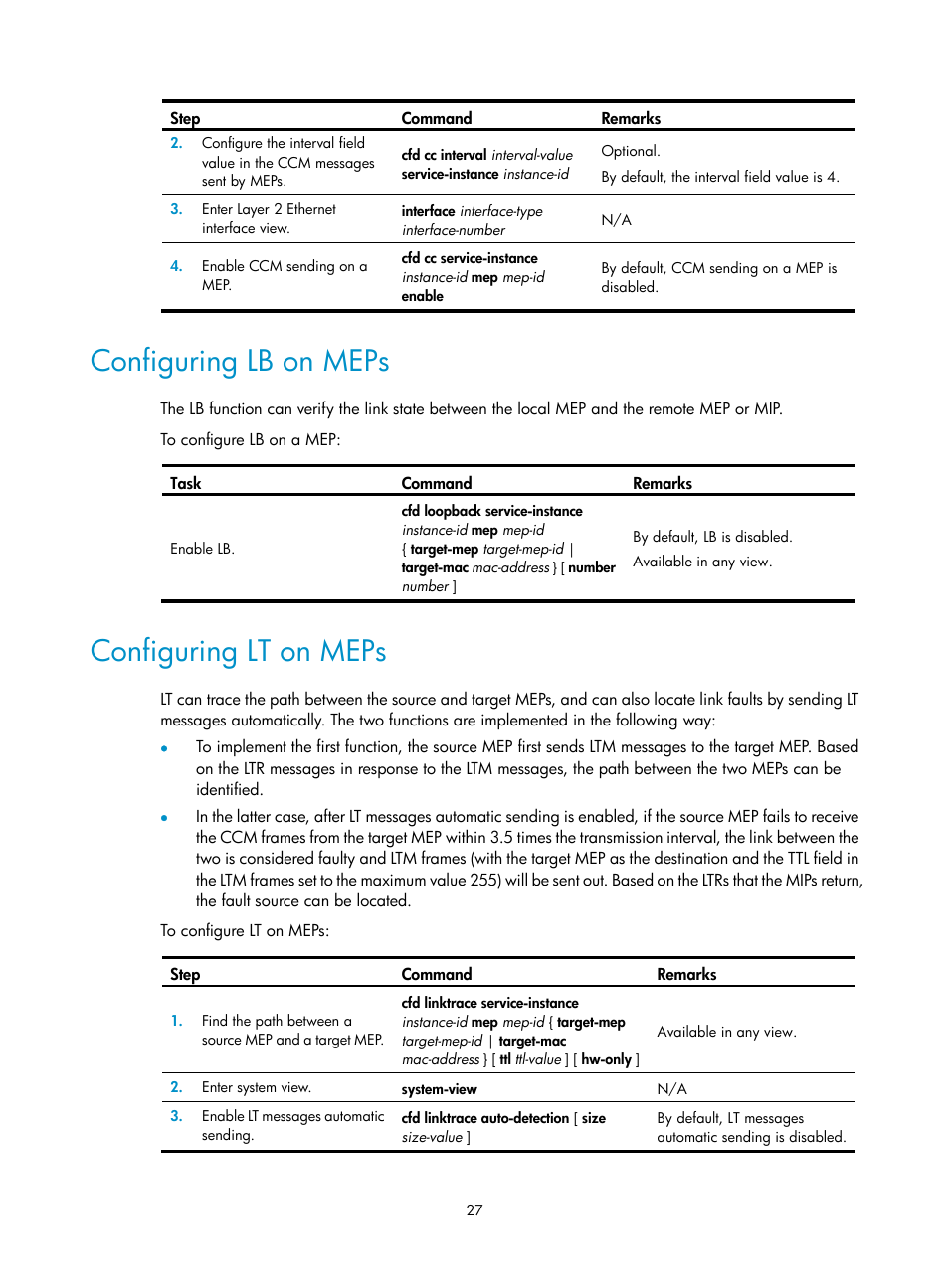 Configuring lb on meps, Configuring lt on meps | H3C Technologies H3C S12500 Series Switches User Manual | Page 38 / 241