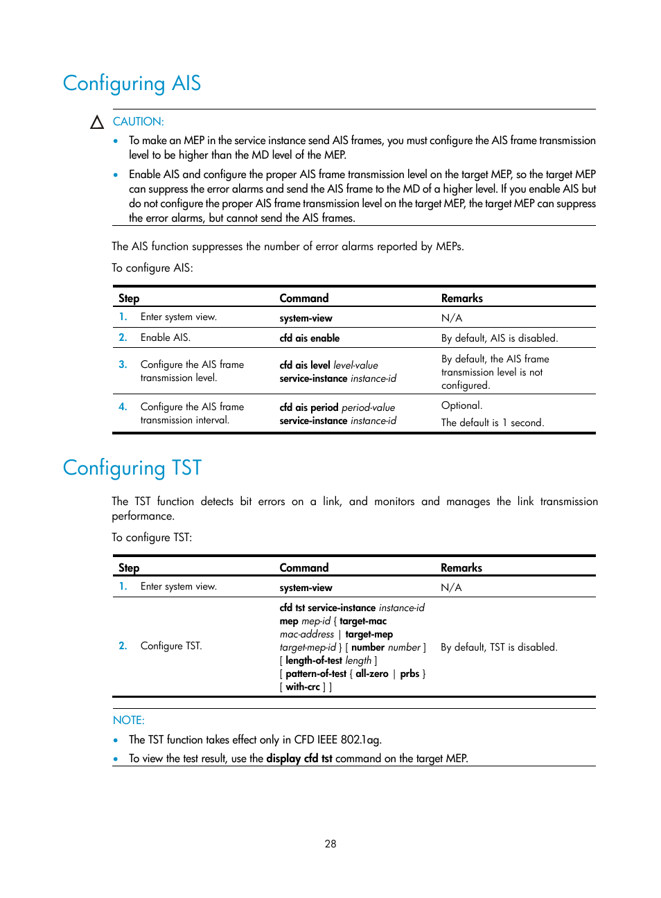 Configuring ais, Configuring tst | H3C Technologies H3C S12500 Series Switches User Manual | Page 39 / 241