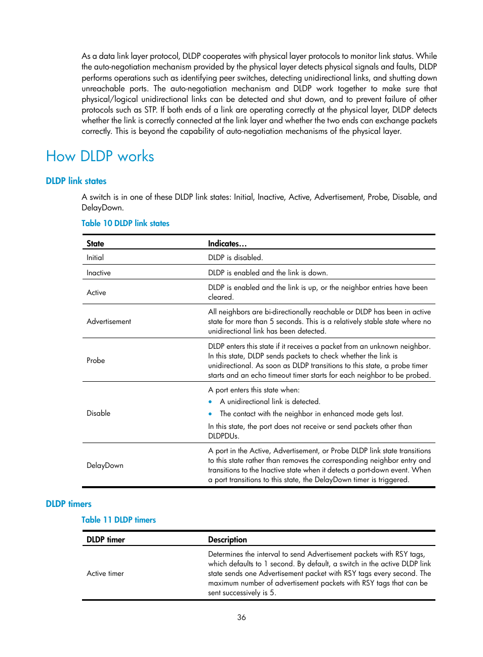 How dldp works, Dldp link states, Dldp timers | H3C Technologies H3C S12500 Series Switches User Manual | Page 47 / 241