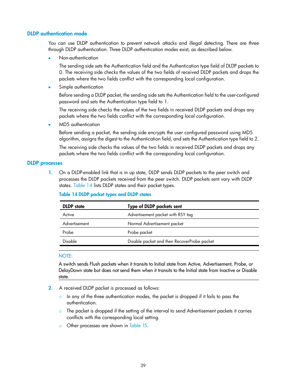 Dldp authentication mode, Dldp processes | H3C Technologies H3C S12500 Series Switches User Manual | Page 50 / 241