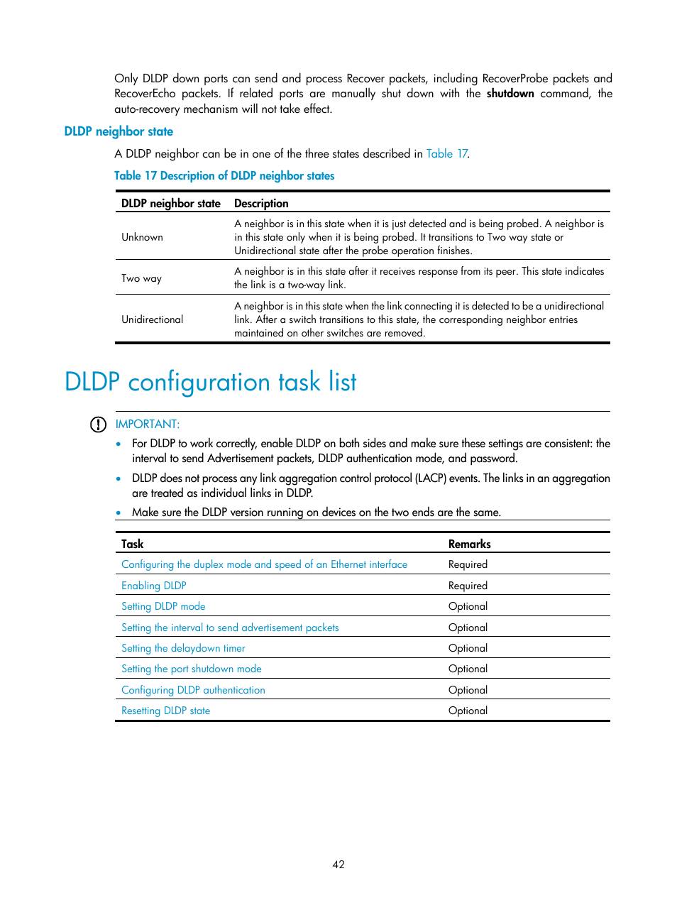 Dldp neighbor state, Dldp configuration task list | H3C Technologies H3C S12500 Series Switches User Manual | Page 53 / 241