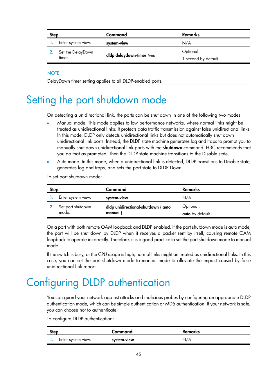 Setting the port shutdown mode, Configuring dldp authentication | H3C Technologies H3C S12500 Series Switches User Manual | Page 56 / 241