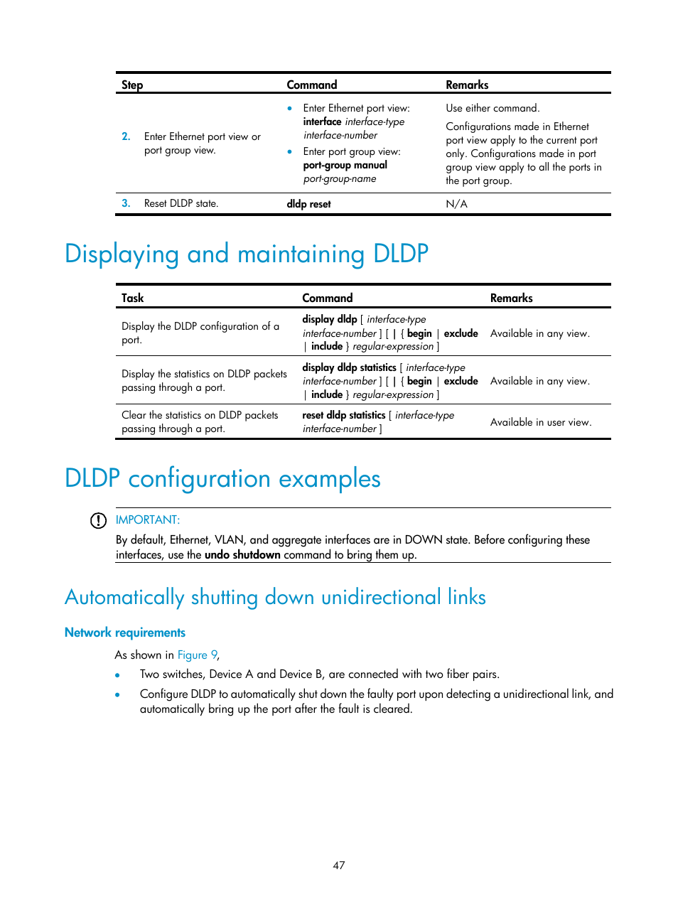 Displaying and maintaining dldp, Dldp configuration examples, Automatically shutting down unidirectional links | Network requirements | H3C Technologies H3C S12500 Series Switches User Manual | Page 58 / 241