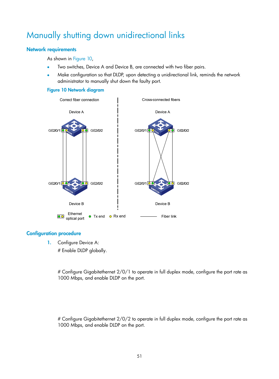 Manually shutting down unidirectional links, Network requirements, Configuration procedure | H3C Technologies H3C S12500 Series Switches User Manual | Page 62 / 241