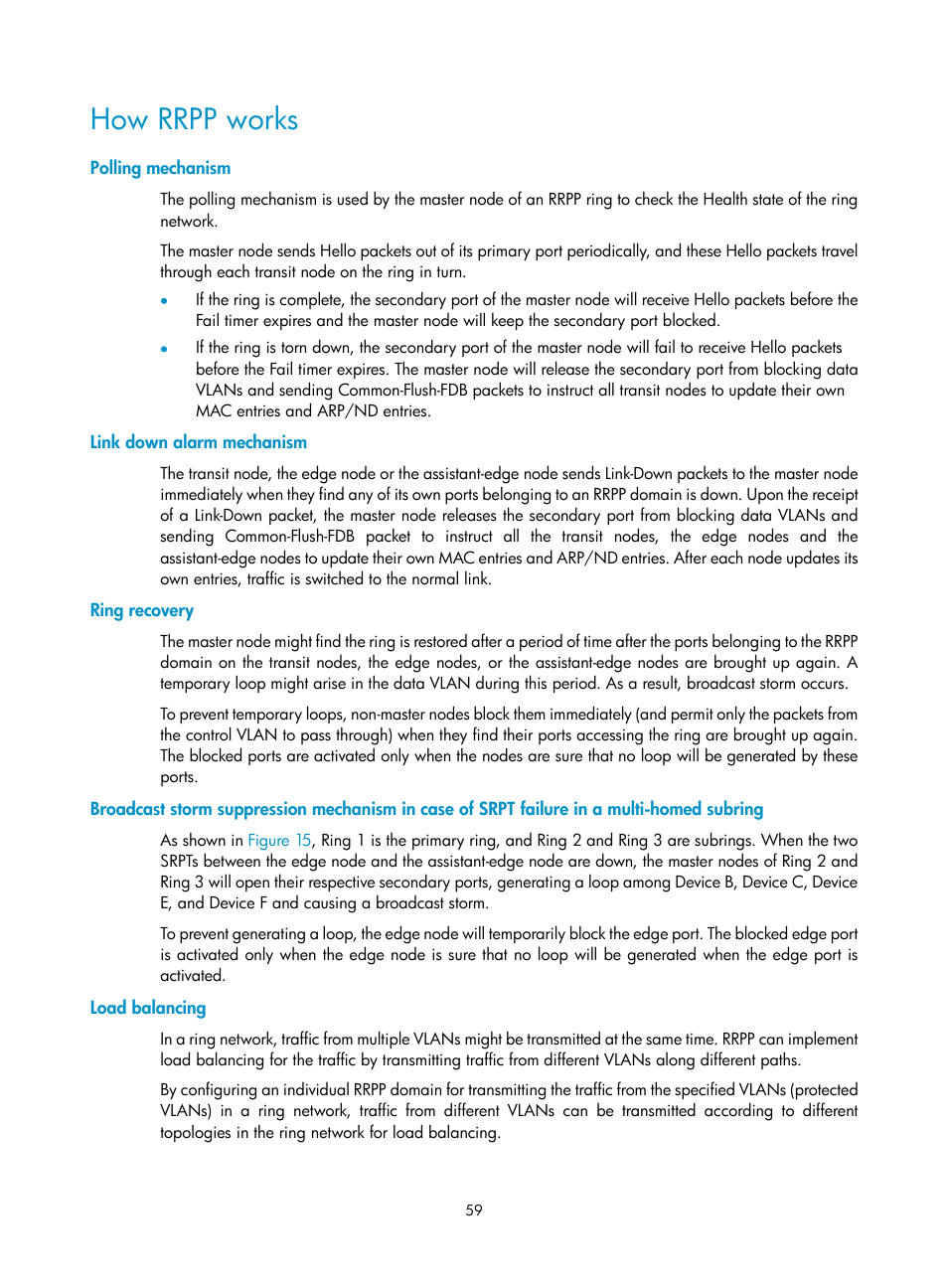 How rrpp works, Polling mechanism, Link down alarm mechanism | Ring recovery, Load balancing | H3C Technologies H3C S12500 Series Switches User Manual | Page 70 / 241