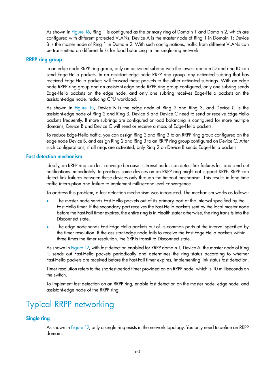 Rrpp ring group, Fast detection mechanism, Typical rrpp networking | Single ring | H3C Technologies H3C S12500 Series Switches User Manual | Page 71 / 241