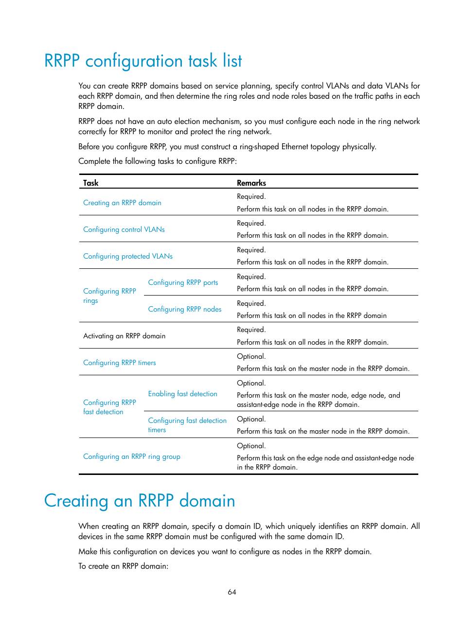 Rrpp configuration task list, Creating an rrpp domain | H3C Technologies H3C S12500 Series Switches User Manual | Page 75 / 241