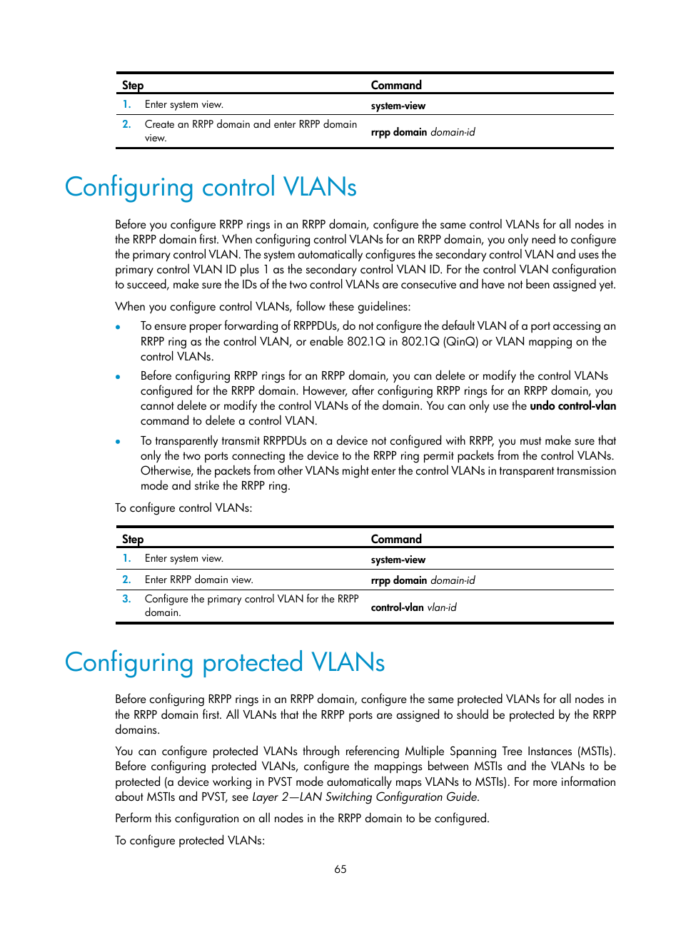 Configuring control vlans, Configuring protected vlans | H3C Technologies H3C S12500 Series Switches User Manual | Page 76 / 241