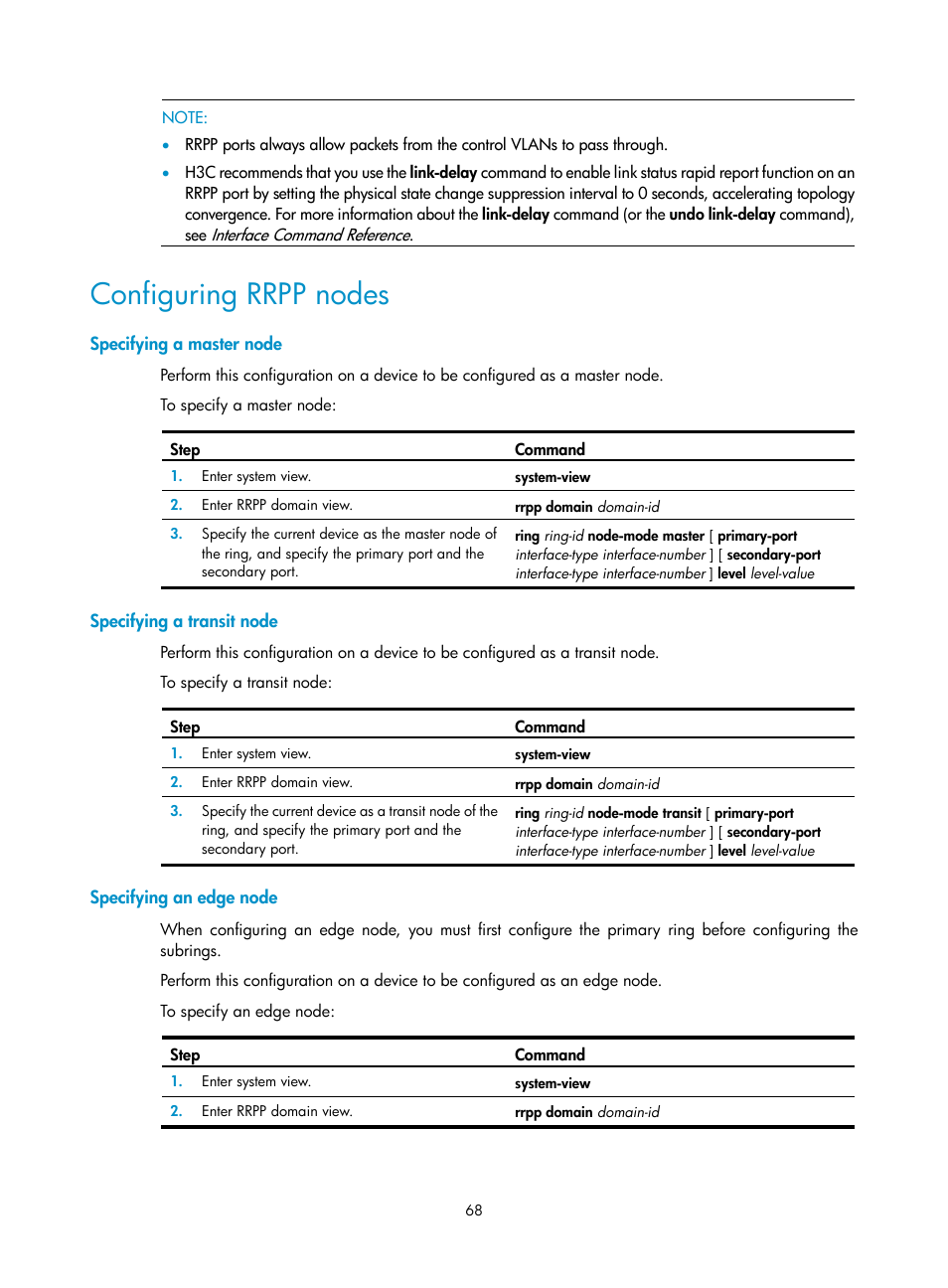 Configuring rrpp nodes, Specifying a master node, Specifying a transit node | Specifying an edge node | H3C Technologies H3C S12500 Series Switches User Manual | Page 79 / 241