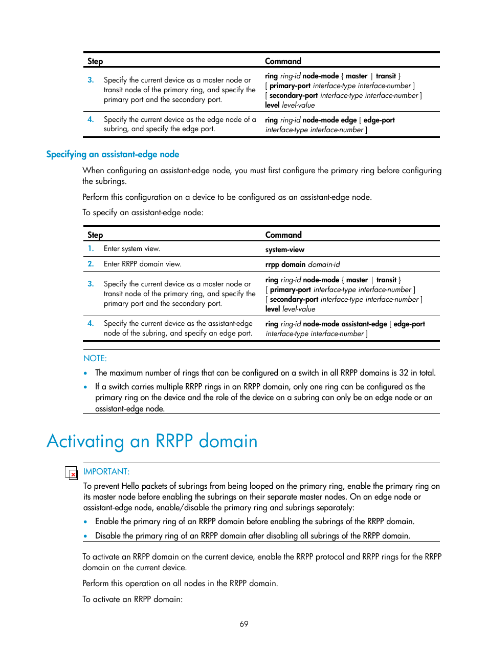 Specifying an assistant-edge node, Activating an rrpp domain | H3C Technologies H3C S12500 Series Switches User Manual | Page 80 / 241