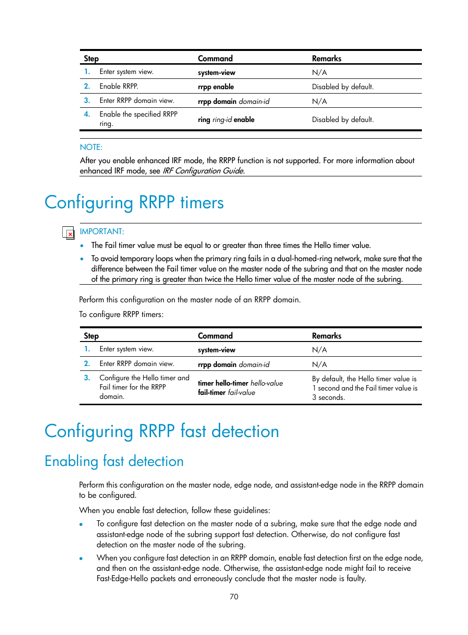 Configuring rrpp timers, Configuring rrpp fast detection, Enabling fast detection | H3C Technologies H3C S12500 Series Switches User Manual | Page 81 / 241