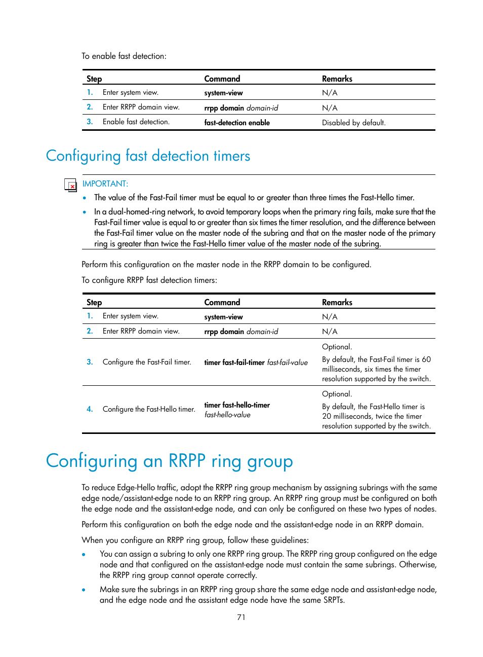 Configuring fast detection timers, Configuring an rrpp ring group | H3C Technologies H3C S12500 Series Switches User Manual | Page 82 / 241