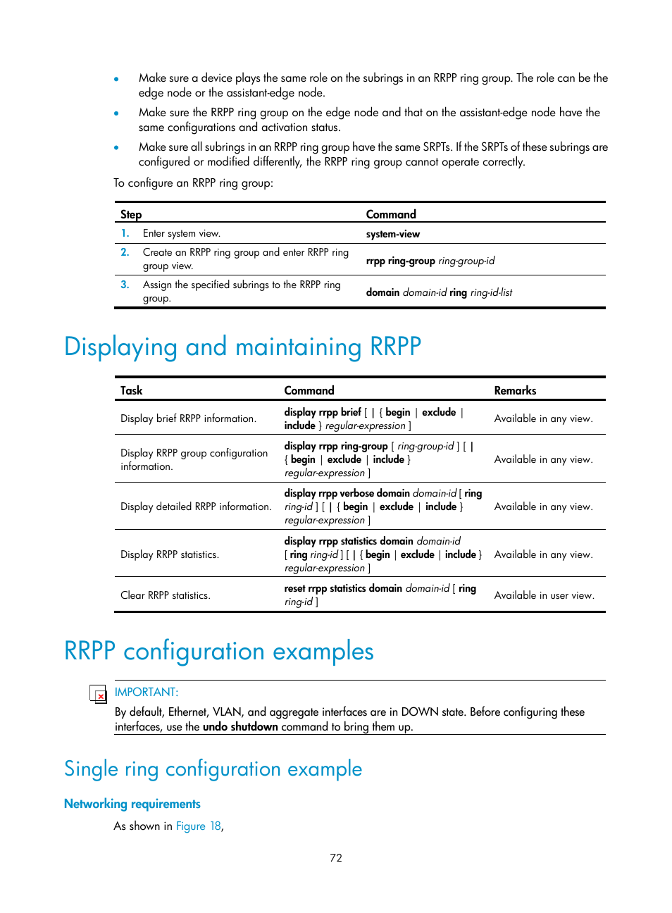 Displaying and maintaining rrpp, Rrpp configuration examples, Single ring configuration example | Networking requirements | H3C Technologies H3C S12500 Series Switches User Manual | Page 83 / 241