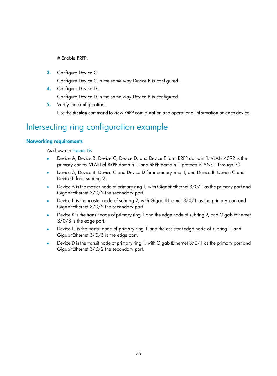 Intersecting ring configuration example, Networking requirements | H3C Technologies H3C S12500 Series Switches User Manual | Page 86 / 241