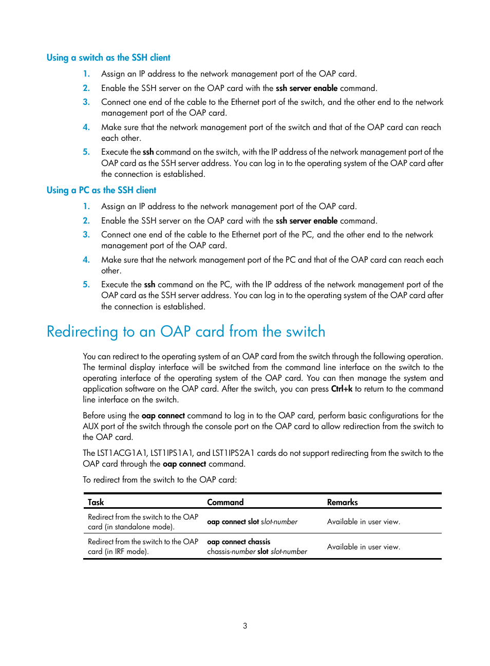 Using a switch as the ssh client, Using a pc as the ssh client, Redirecting to an oap card from the switch | H3C Technologies H3C S12500 Series Switches User Manual | Page 10 / 32