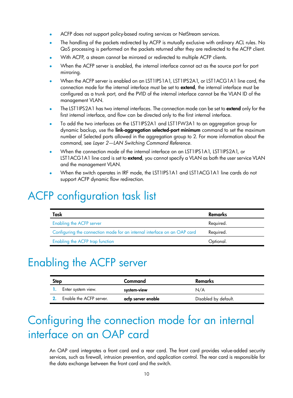 Acfp configuration task list, Enabling the acfp server | H3C Technologies H3C S12500 Series Switches User Manual | Page 17 / 32