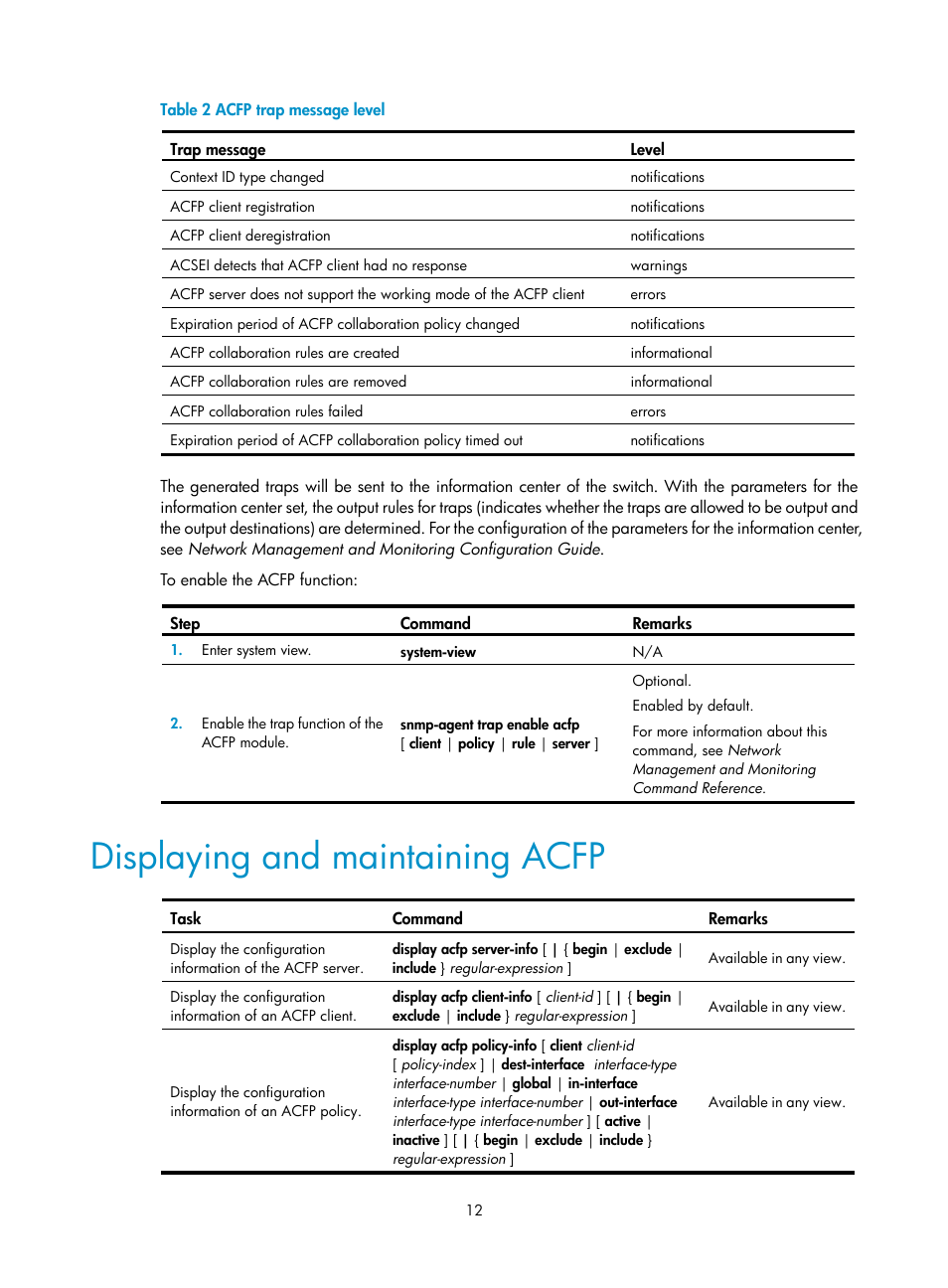 Displaying and maintaining acfp, Bed in, Table 2 | H3C Technologies H3C S12500 Series Switches User Manual | Page 19 / 32