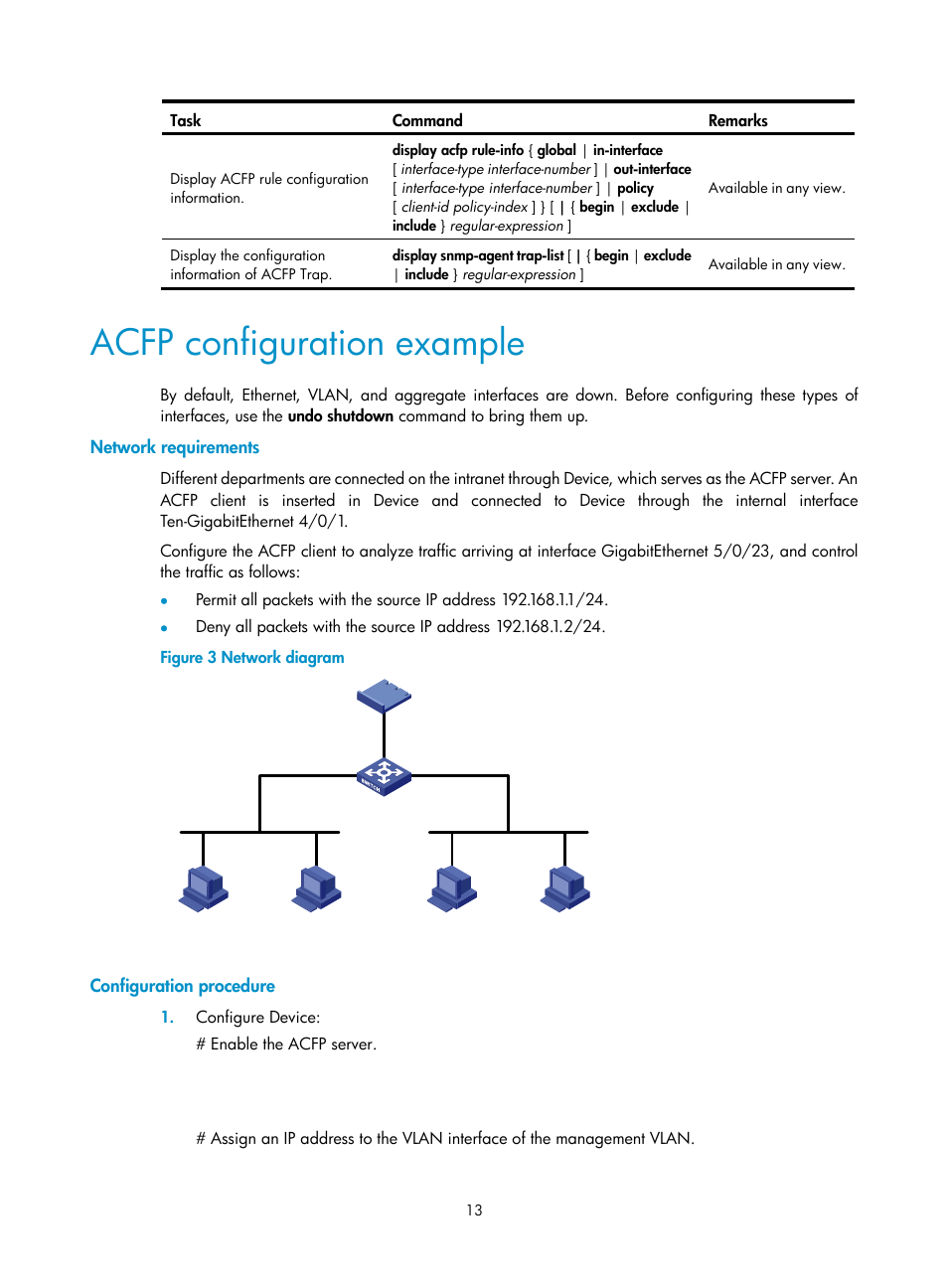 Acfp configuration example, Network requirements, Configuration procedure | H3C Technologies H3C S12500 Series Switches User Manual | Page 20 / 32