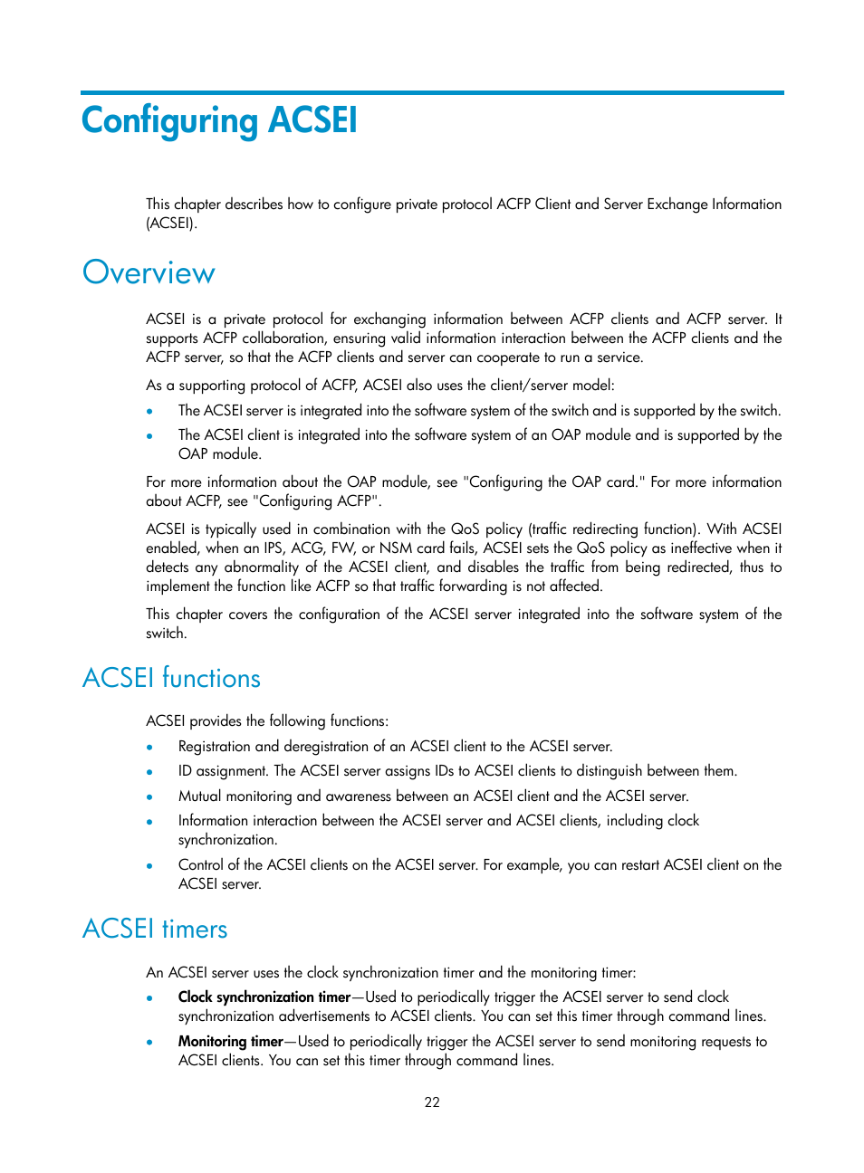 Configuring acsei, Overview, Acsei functions | Acsei timers | H3C Technologies H3C S12500 Series Switches User Manual | Page 29 / 32