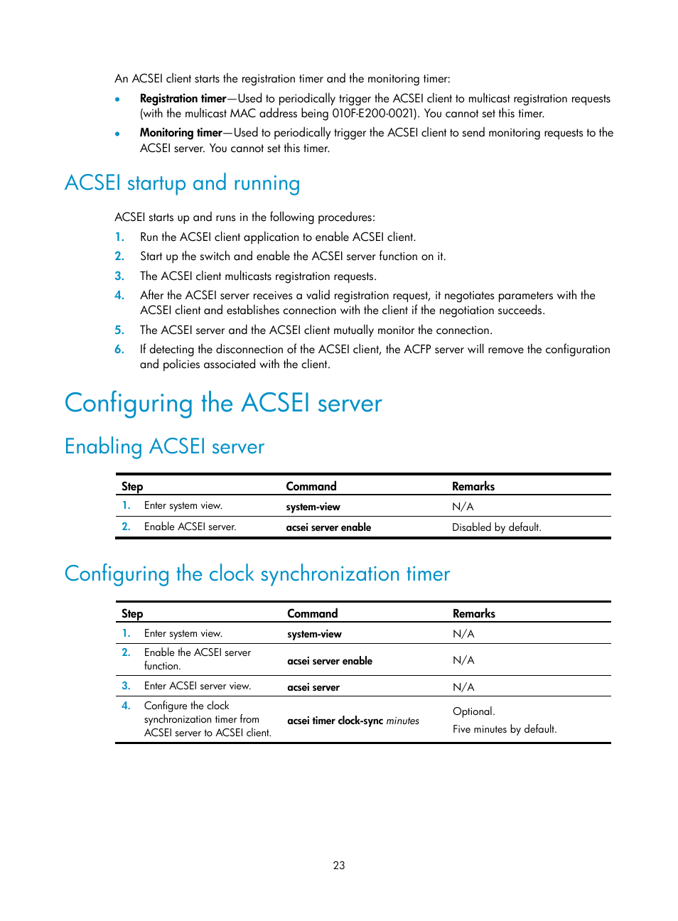 Acsei startup and running, Configuring the acsei server, Enabling acsei server | Configuring the clock synchronization timer | H3C Technologies H3C S12500 Series Switches User Manual | Page 30 / 32