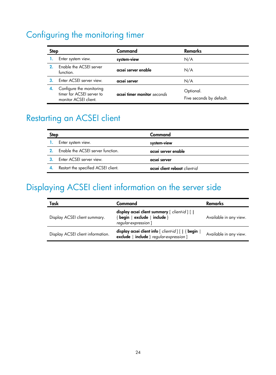 Configuring the monitoring timer, Restarting an acsei client | H3C Technologies H3C S12500 Series Switches User Manual | Page 31 / 32