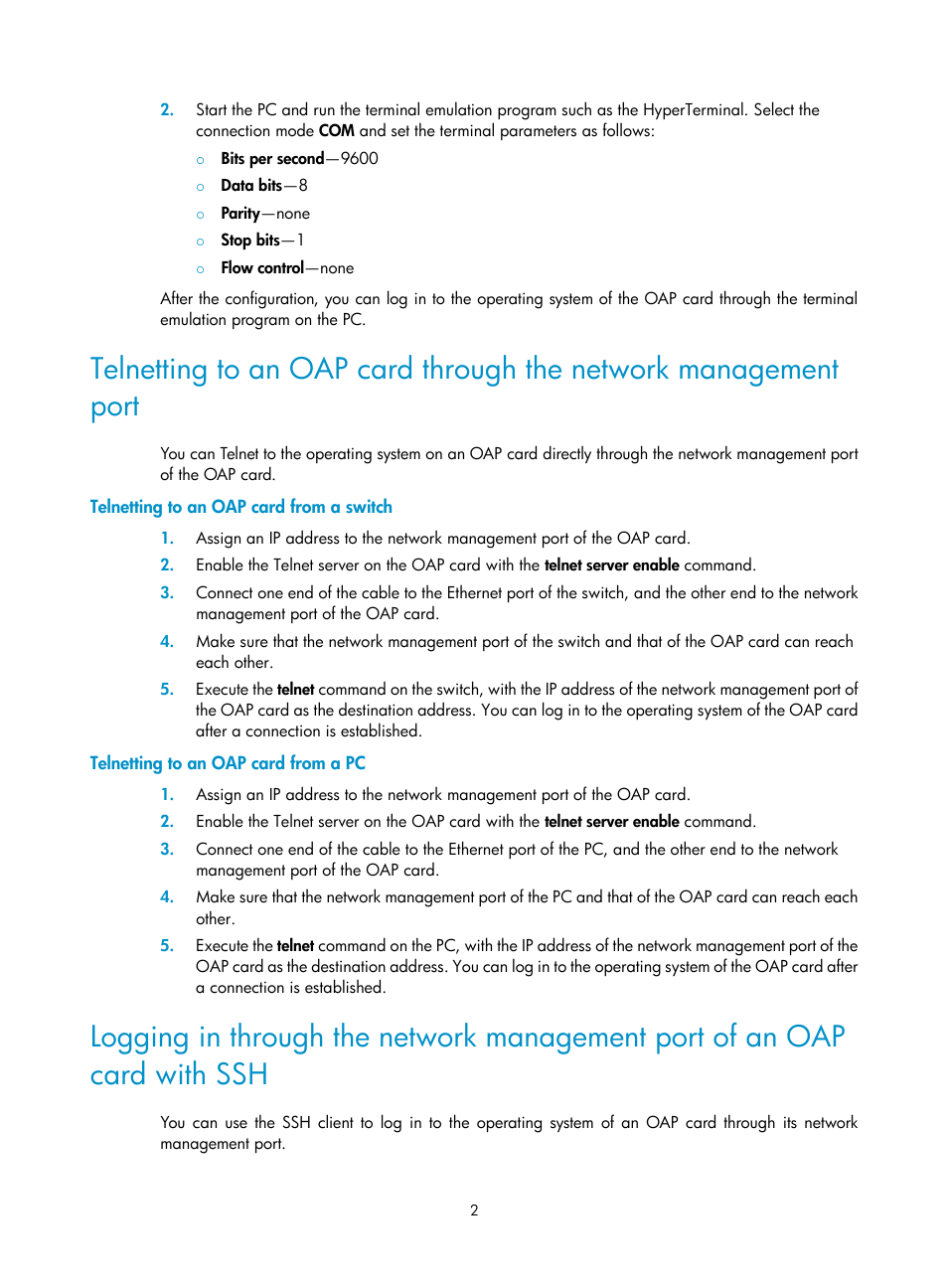 Telnetting to an oap card from a switch, Telnetting to an oap card from a pc | H3C Technologies H3C S12500 Series Switches User Manual | Page 9 / 32