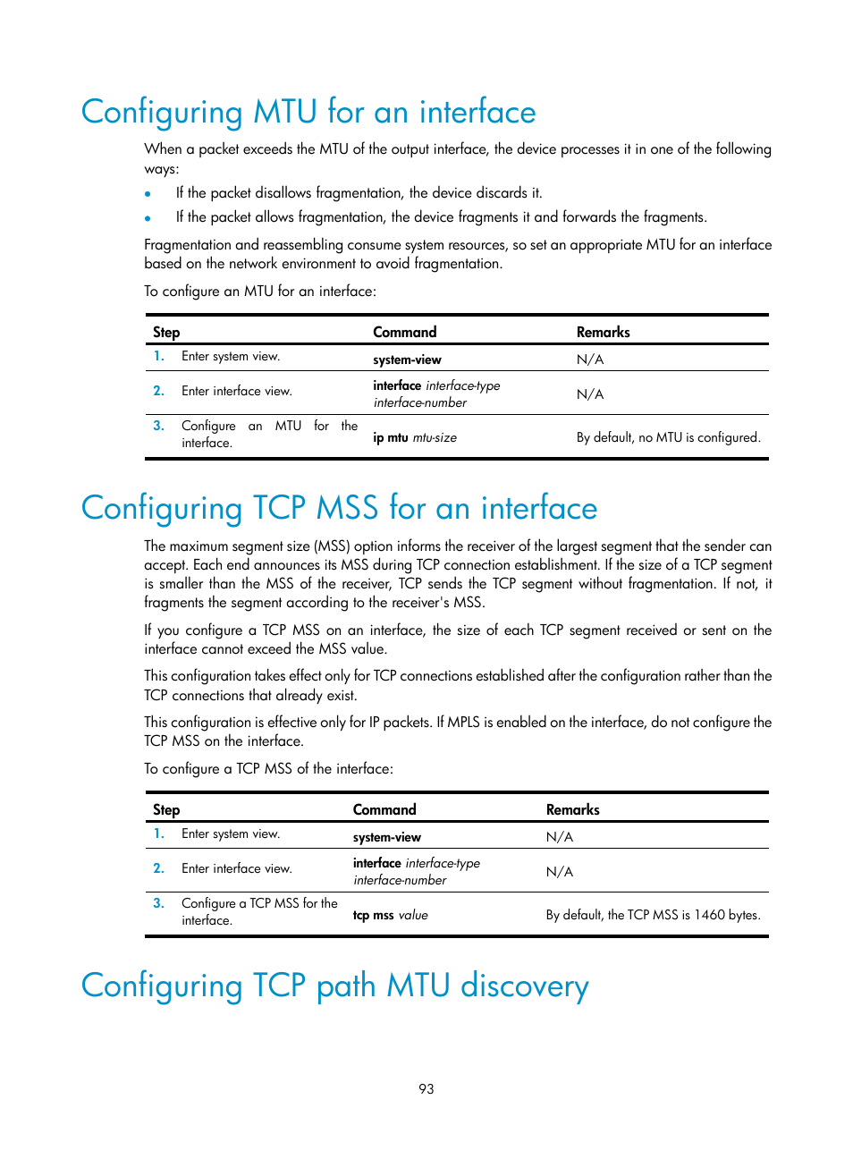Enabling dhcp-request attack protection, Configuring mtu for an interface, Configuring tcp mss for an interface | Configuring tcp path mtu discovery | H3C Technologies H3C S12500 Series Switches User Manual | Page 106 / 197