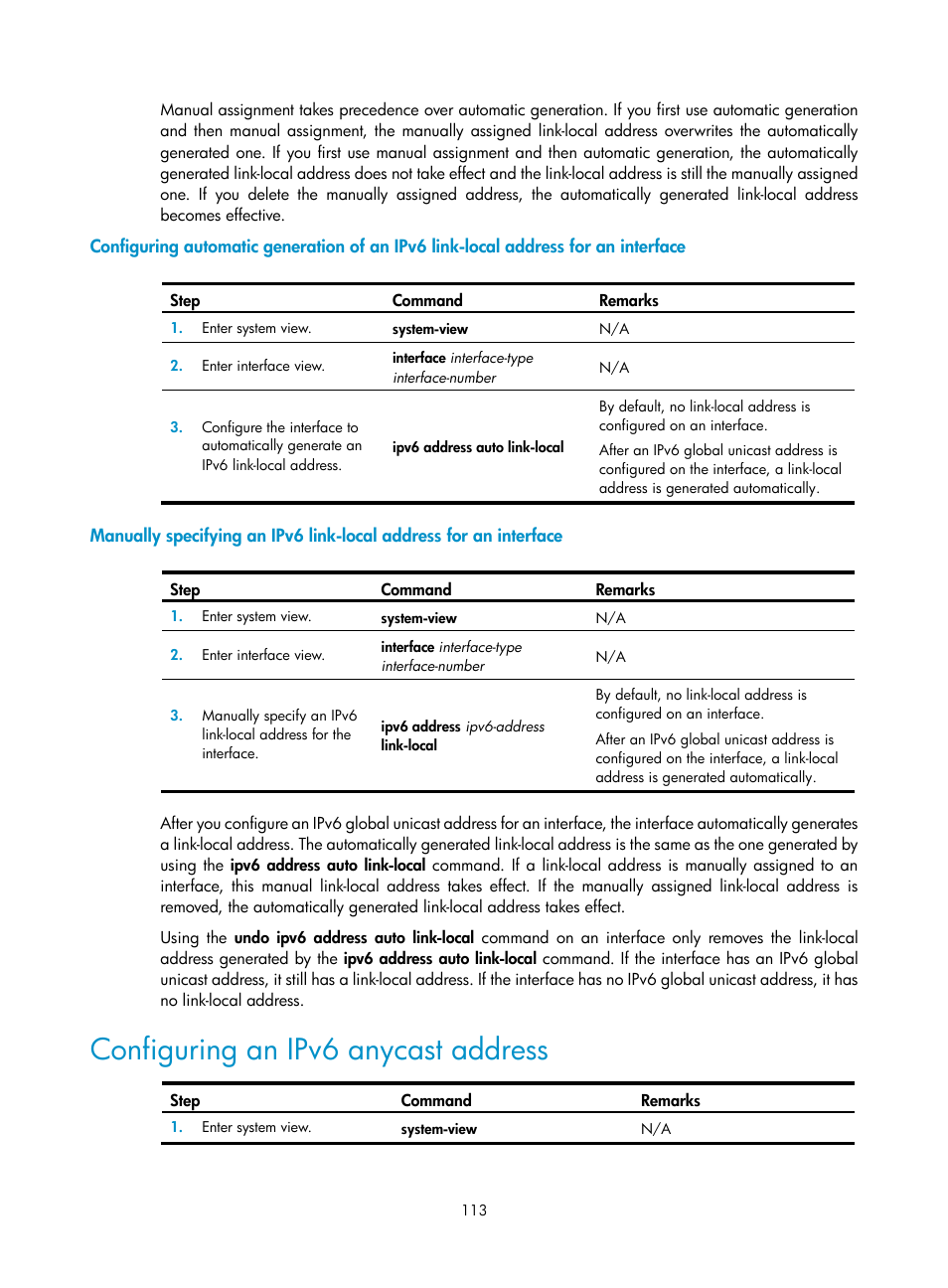 Configuring an ipv6 anycast address | H3C Technologies H3C S12500 Series Switches User Manual | Page 126 / 197