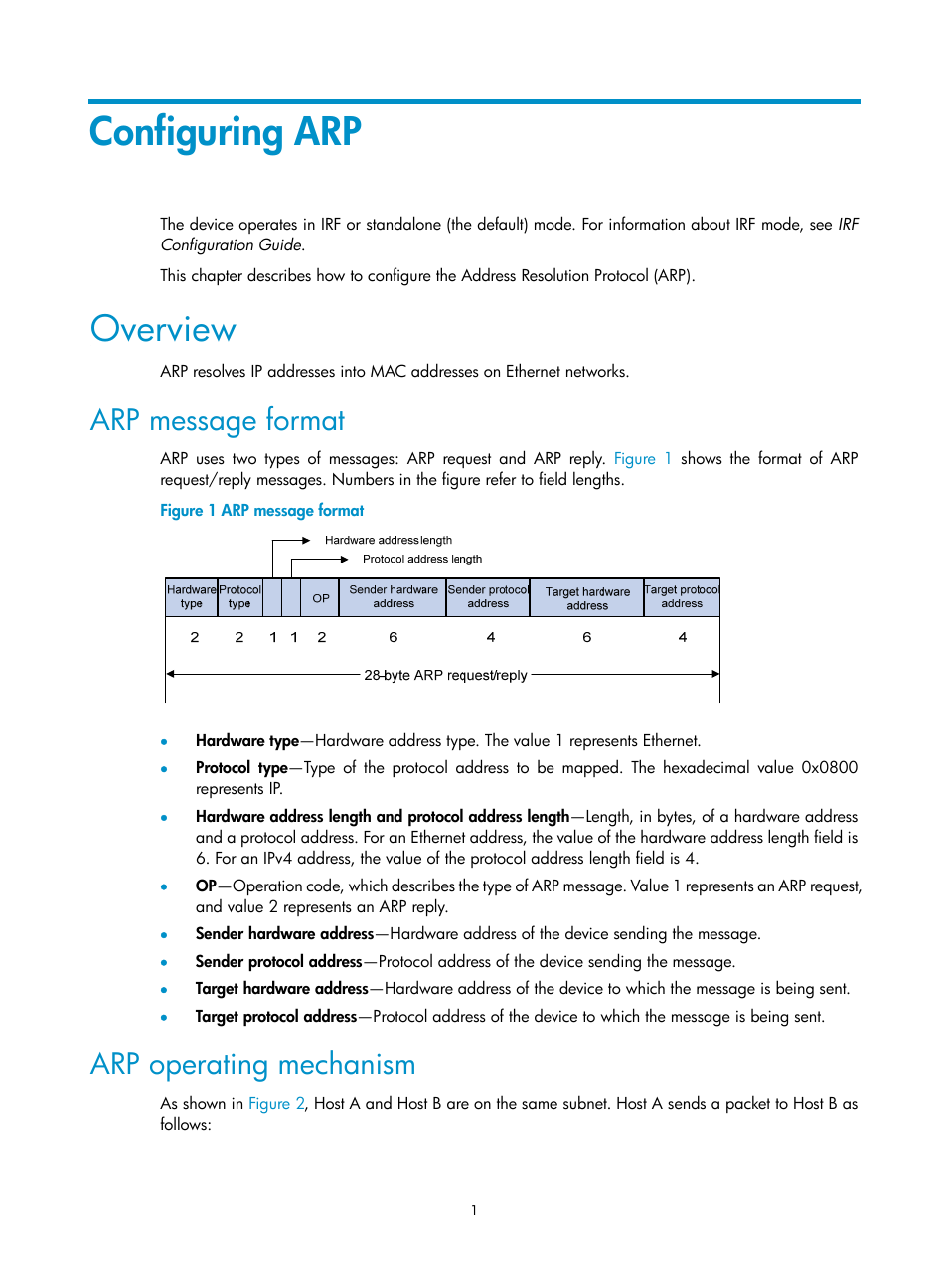 Configuring arp, Overview, Arp message format | Arp operating mechanism | H3C Technologies H3C S12500 Series Switches User Manual | Page 14 / 197