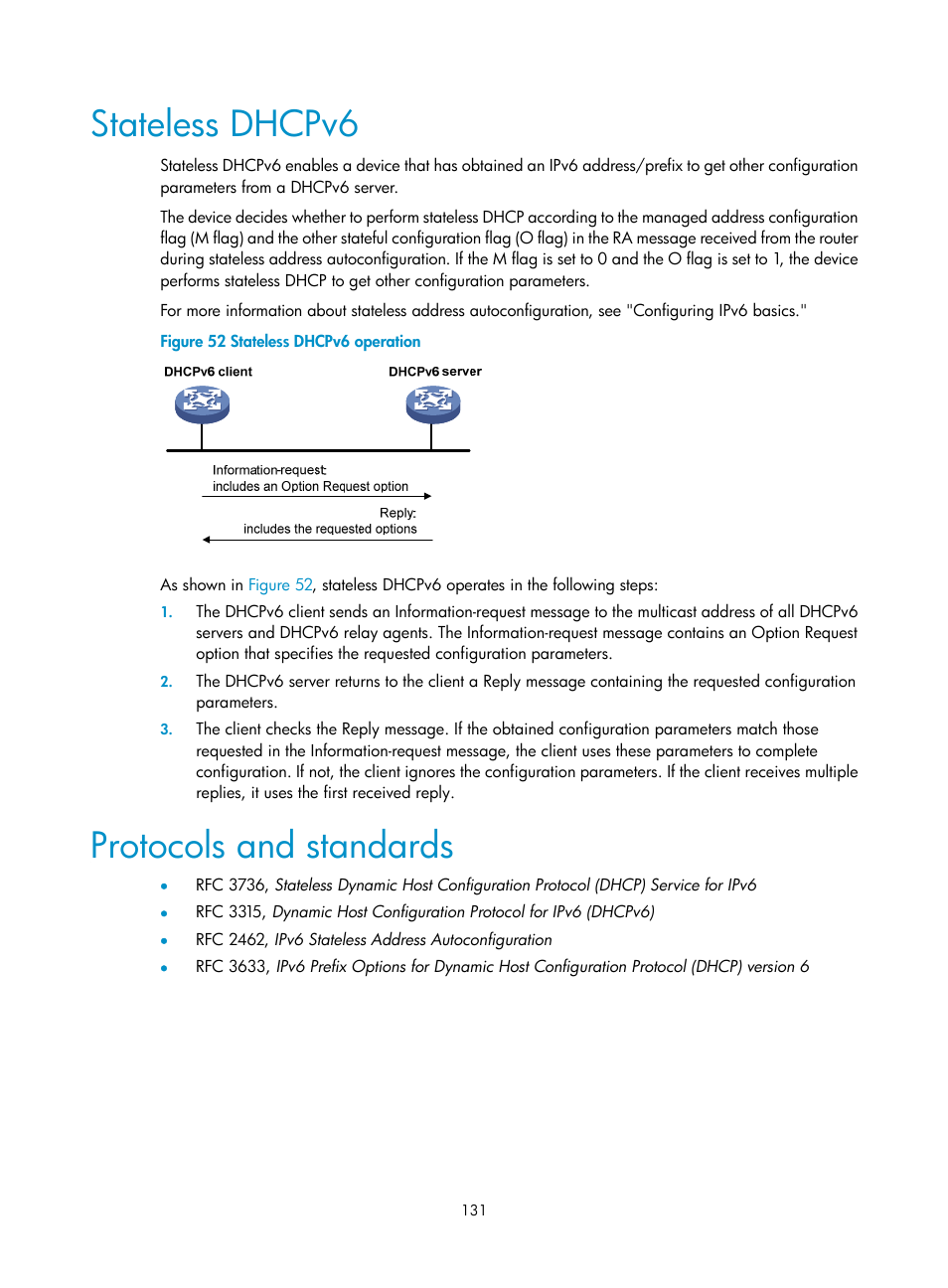 Stateless dhcpv6, Protocols and standards | H3C Technologies H3C S12500 Series Switches User Manual | Page 144 / 197