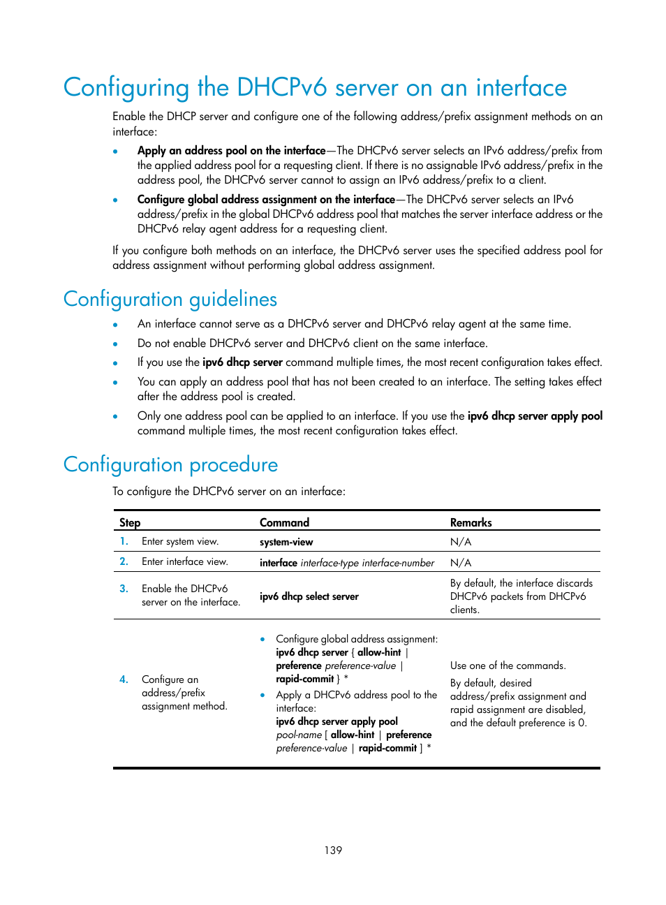 Disadvantages of sending icmp error packets, Configuration procedure, Configuring the dhcpv6 server on an interface | Configuration guidelines | H3C Technologies H3C S12500 Series Switches User Manual | Page 152 / 197