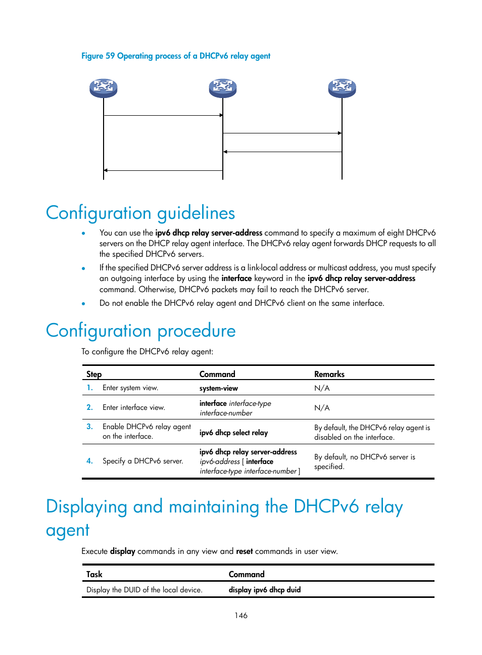 Udp helper configuration example, Network requirements, Configuration guidelines | Configuration procedure, Displaying and maintaining the dhcpv6 relay agent | H3C Technologies H3C S12500 Series Switches User Manual | Page 159 / 197