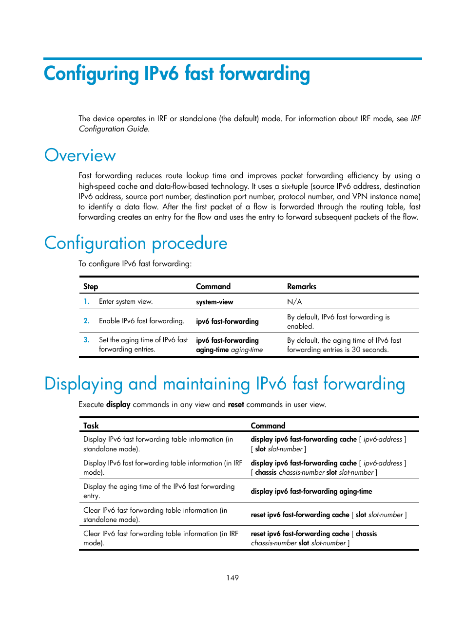 Configuring ipv6 fast forwarding, Overview, Configuration procedure | Displaying and maintaining ipv6 fast forwarding | H3C Technologies H3C S12500 Series Switches User Manual | Page 162 / 197
