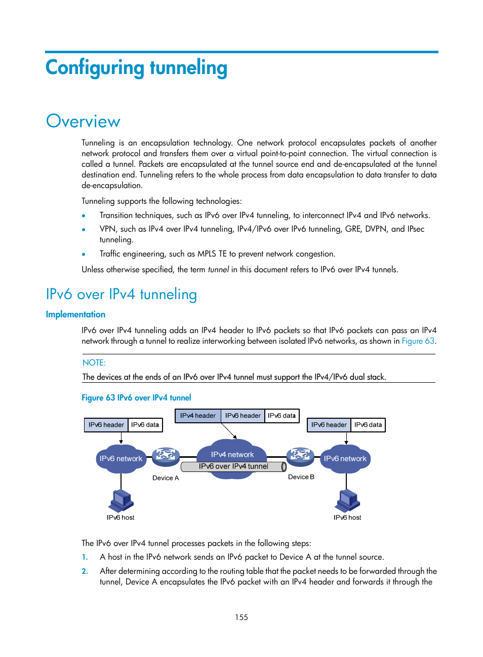 Ipv6 path mtu discovery, Configuring tunneling, Overview | Ipv6 over ipv4 tunneling | H3C Technologies H3C S12500 Series Switches User Manual | Page 168 / 197