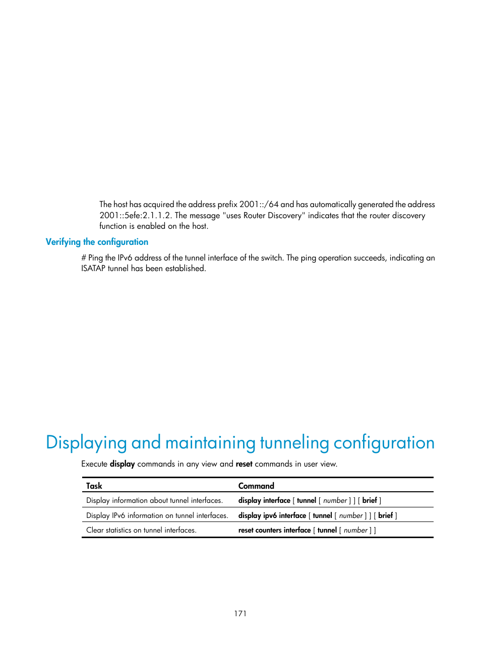 Displaying and maintaining tunneling configuration | H3C Technologies H3C S12500 Series Switches User Manual | Page 184 / 197