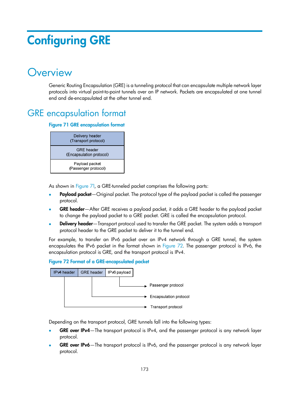 Controlling sending icmpv6 packets, Enabling replying to multicast echo requests, Configuring gre | Overview, Gre encapsulation format | H3C Technologies H3C S12500 Series Switches User Manual | Page 186 / 197