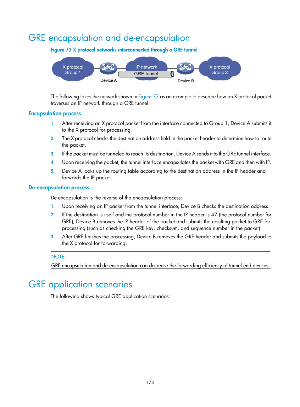 Enabling sending icmpv6 time exceeded messages, Gre encapsulation and de-encapsulation, Gre application scenarios | H3C Technologies H3C S12500 Series Switches User Manual | Page 187 / 197